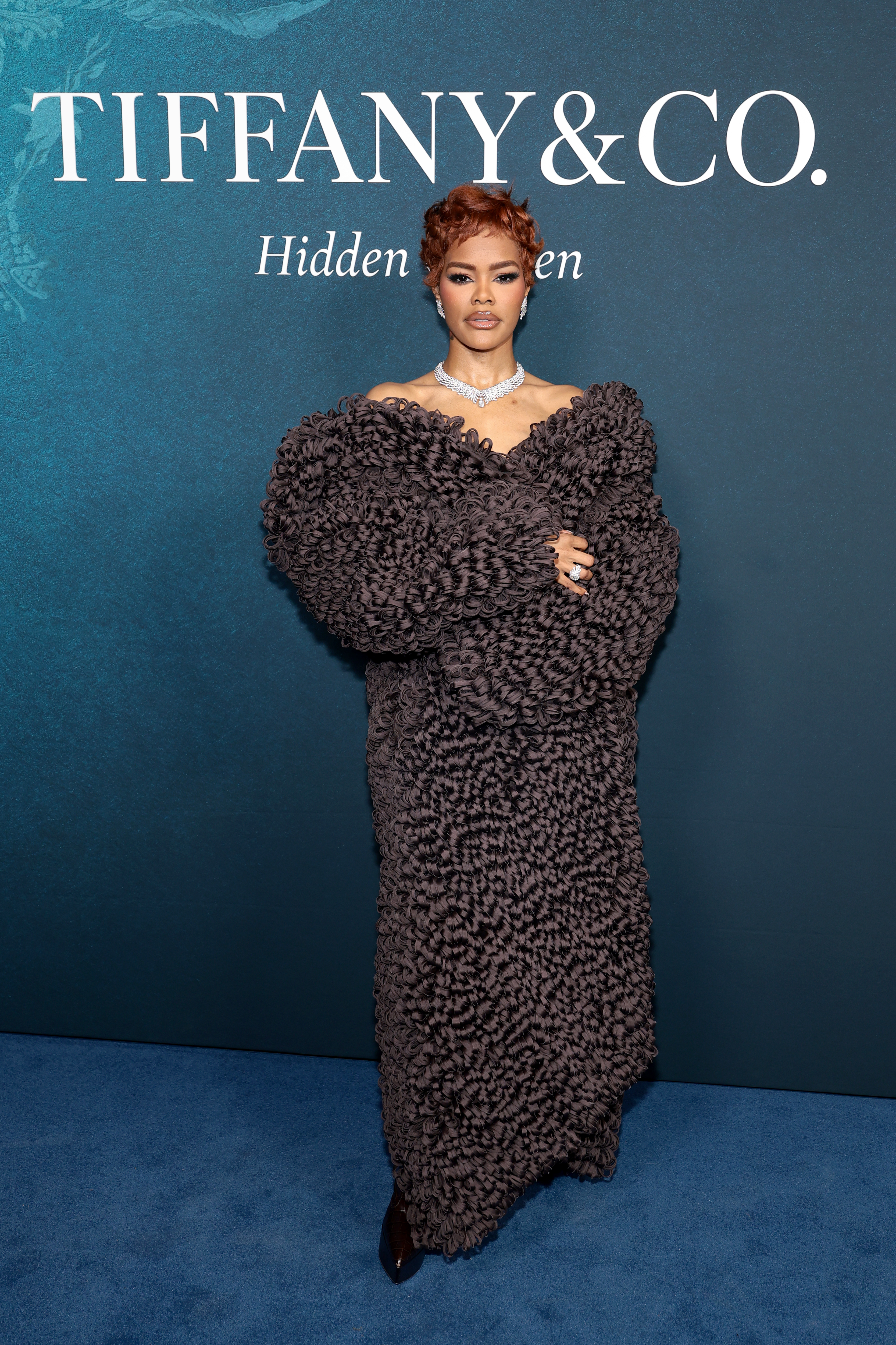 Teyana Taylor wearing Calvin Klein to the Tiffany Blue Book event