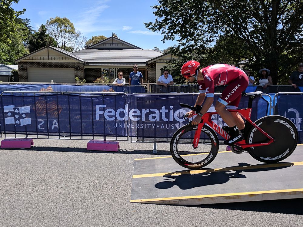 Nathan Haas rolls down the start ramp for his first race in Katusha-Alpecin colours