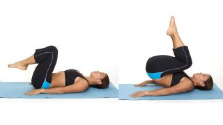 A woman demonstrates the start and middle position of the reverse crunch abs exercise