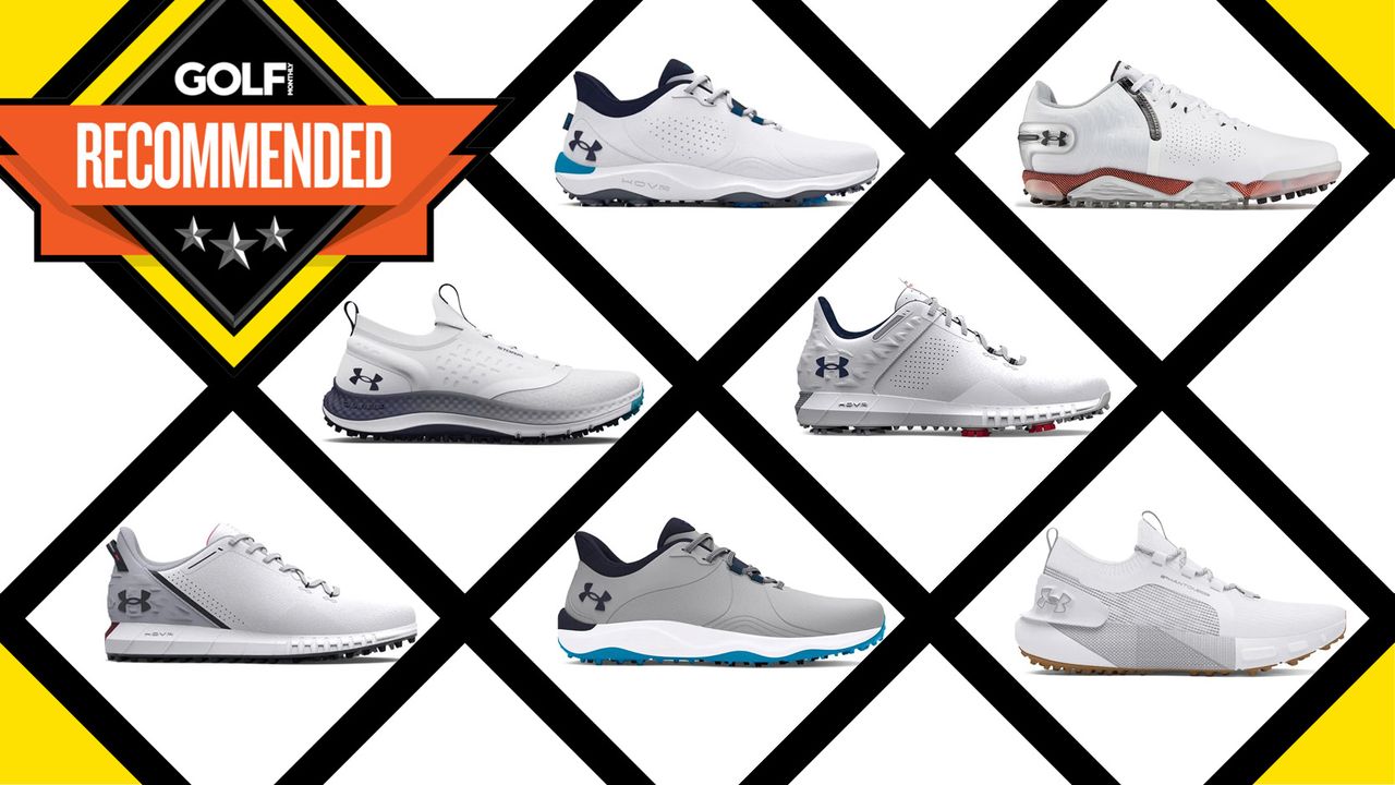 An array of different Under Armour golf shoes in a grid system