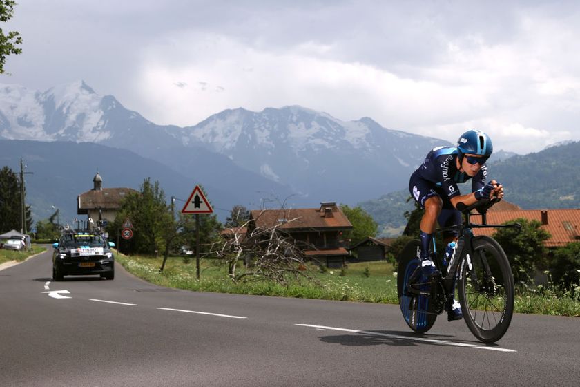 COMBLOUX, FRANCE - JULY 18: Matthew Dinham of Australia and Team DSM-Firmenich sprints during the stage sixteen of the 110th Tour de France 2023 a 22.4km individual climbing time trial stage from Passy to Combloux 974m / #UCIWT / on July 18, 2023 in Combloux, France. (Photo by Michael Steele/Getty Images)