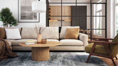 Scandinavian living room with pops of orange color
