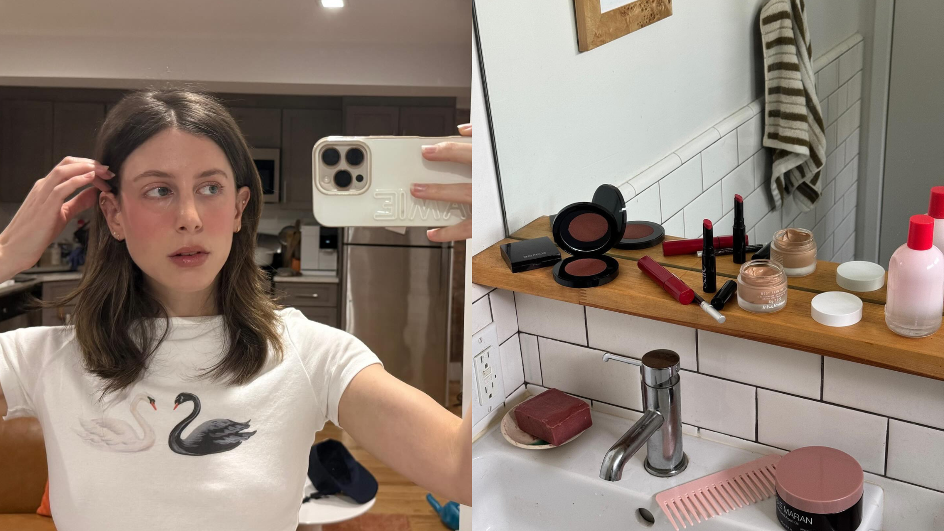 Photo collage of Jamie Schneider taking a mirror selfie wearing a white T-shirt and makeup products on a bathroom sink