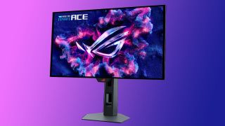 An Asus ROG Strix OLED XG259QWPG on a pink and blue background.