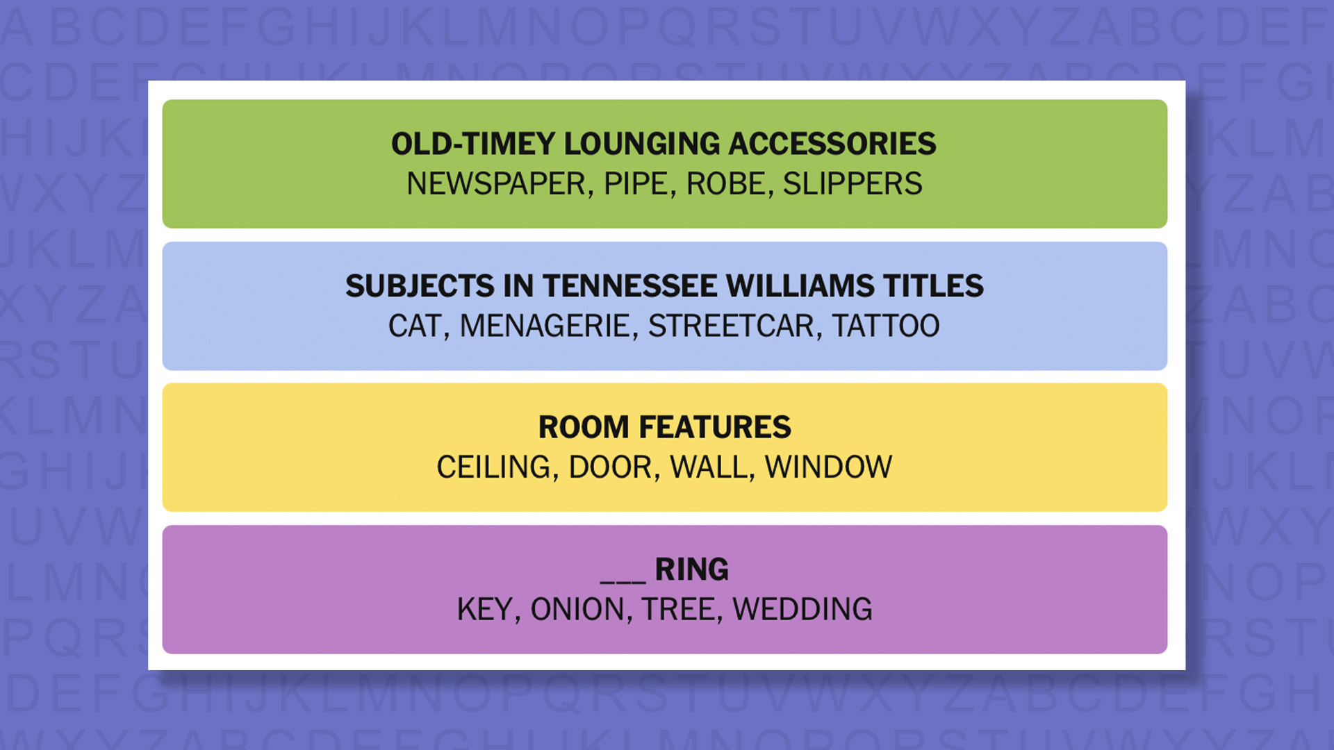 NYT Connections answers for game 1086 on a purple background