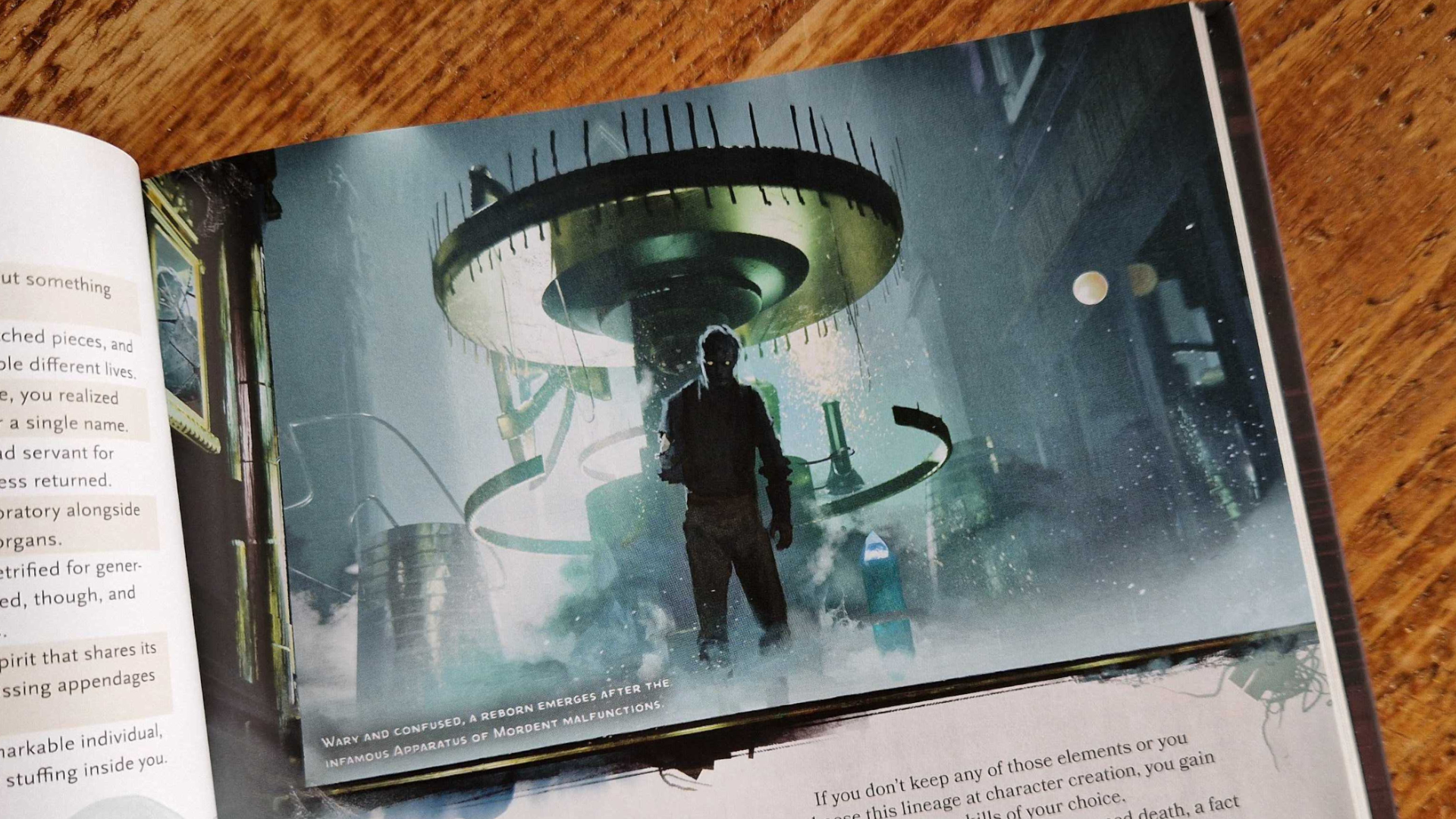 An open book's artwork depicts a lumbering, shadowed figure with glowing eyes approaching from a strange contraption