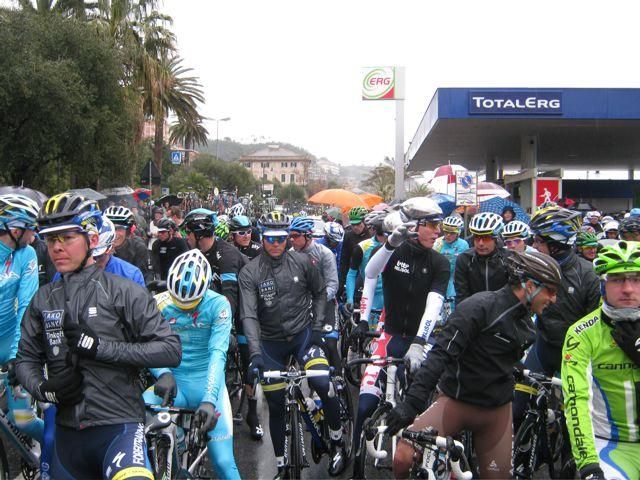 The peloton, all bundled up for the next phase of Milan San-Remo