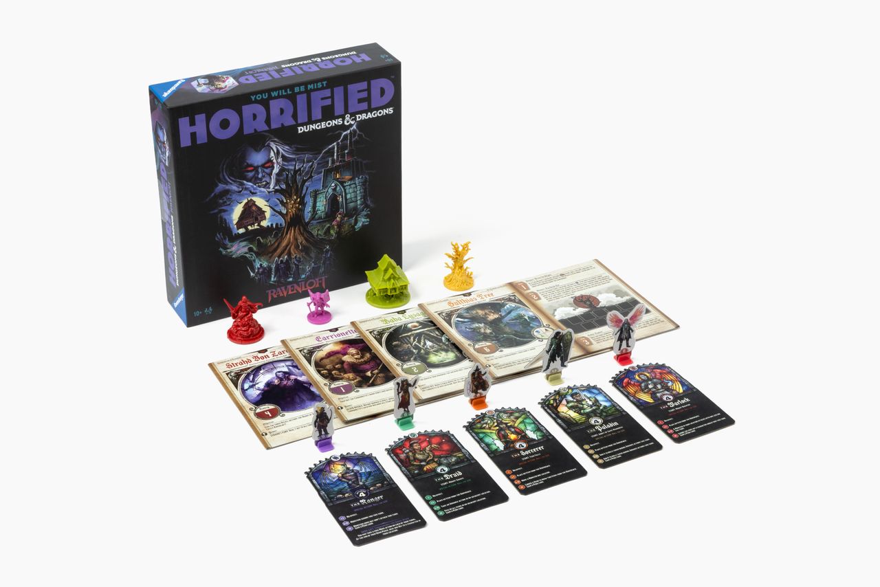 Horrified: Dungeons &amp; Dragons - Ravenloft box, tokens, and cards laid out on a plain background
