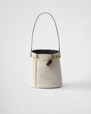 Prada Buckle Leather Bucket Bag With Jeweled Belt