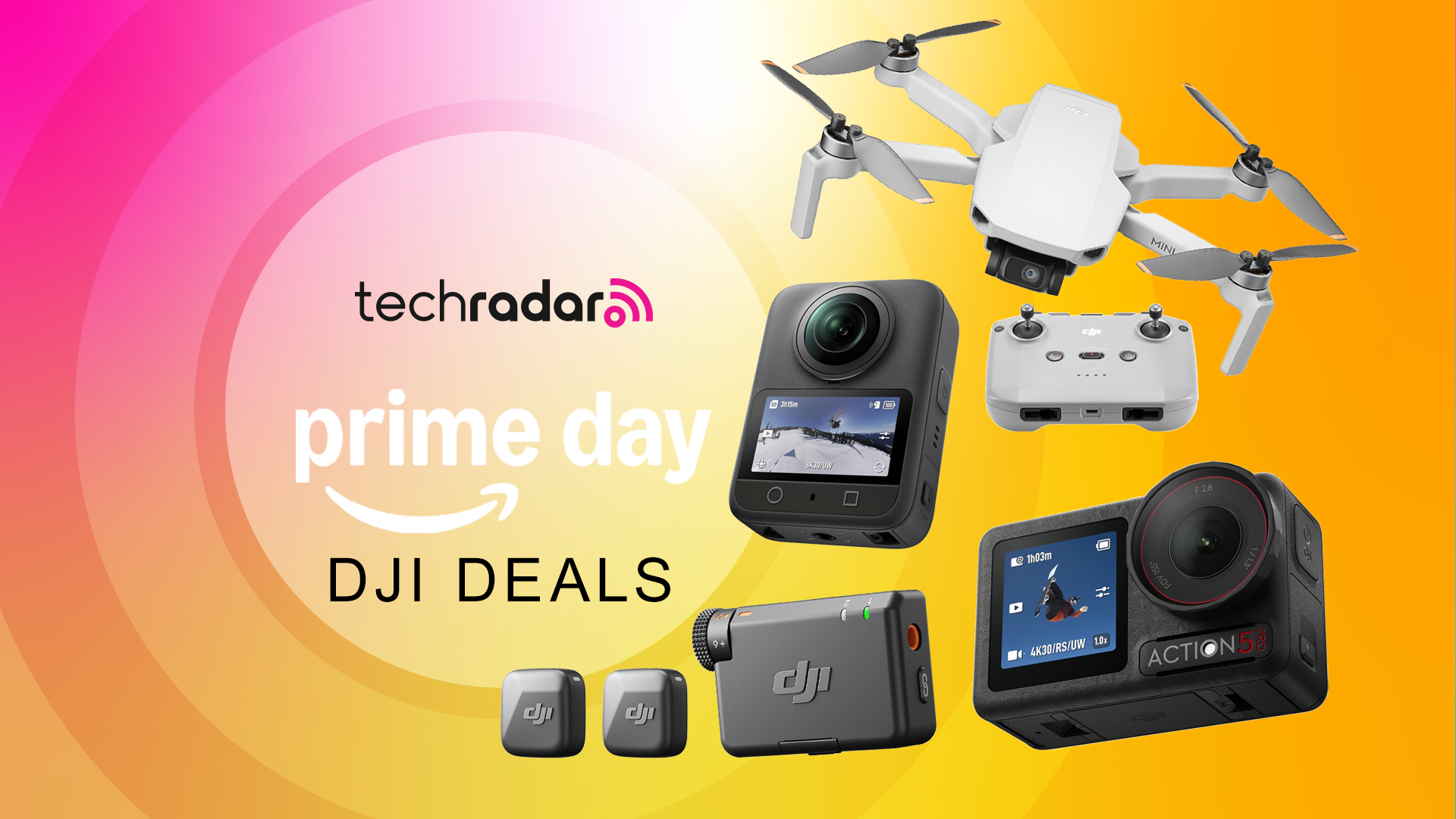 Collection of DJI camera, drone and mic gear on a bright yellow background with TechRadar Prime Day deals text overlay