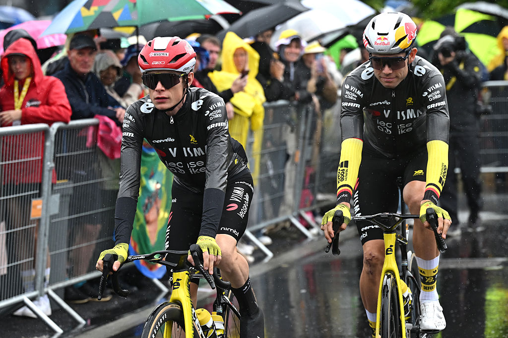 LAUWIN-PLANQUE - JULY 06: (L-R) Jonas Vingegaard of Denmark and Wout Van Aert of Belgium and Team Visma | Lease a Bike prior to the 112th Tour de France 2025, Stage 2 a 209.1km stage from Lauwin-Planque to Boulogne-sur-Mer / #UCIWT / on July 06, 2025 in Lauwin-Planque, France.