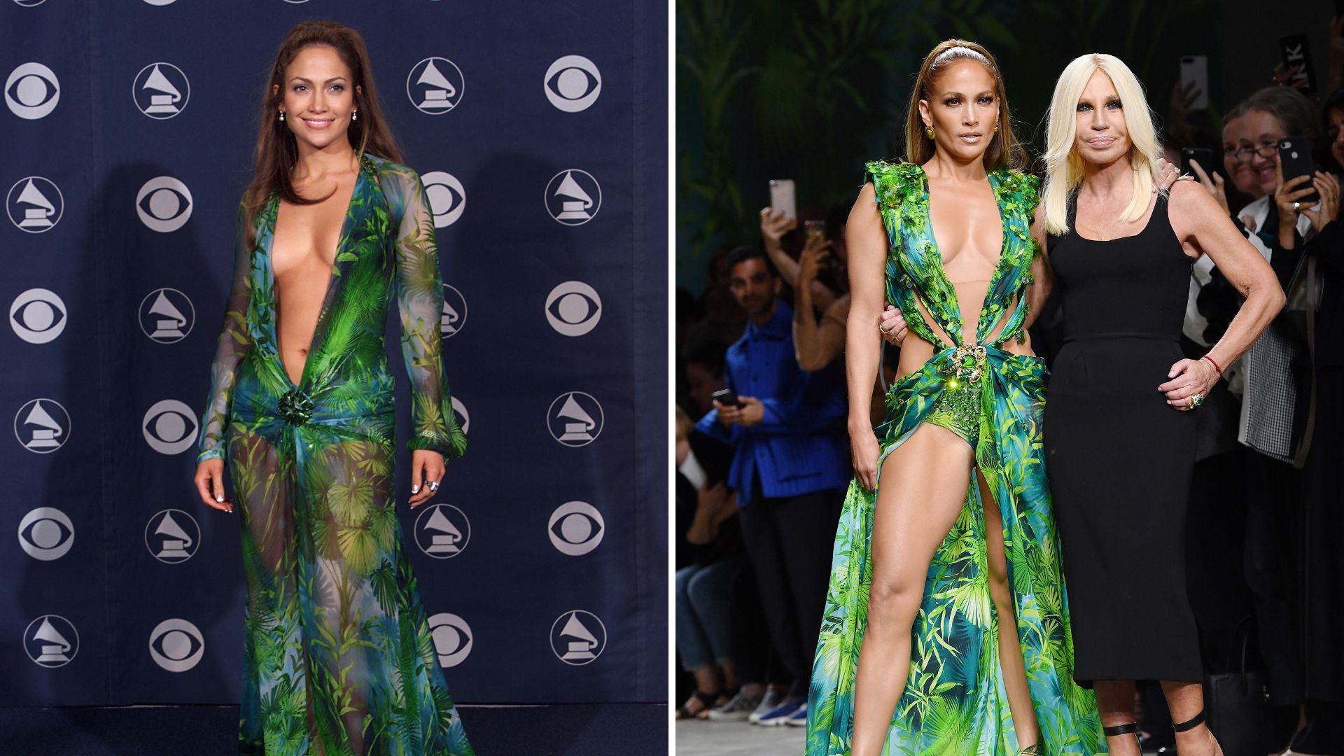 JLo wearing the Versace dress in 2000, and again in 2019 with Donatella Versace