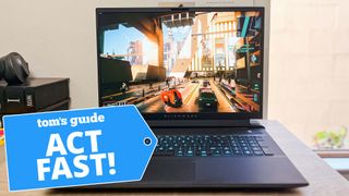 Dell Prime Day deals promo image featuring Alienware m18 with deal tag overlaid