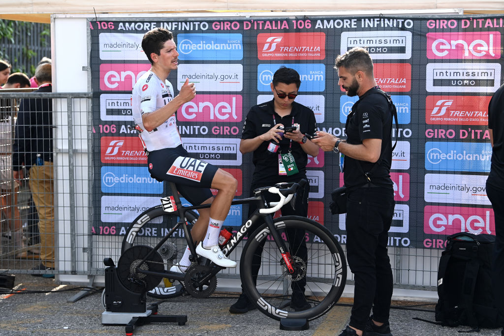 CAORLE ITALY MAY 24 Joo Almeida of Portugal and UAE Team Emirates White Best Young Rider Jersey cooling down after the 106th Giro dItalia 2023 Stage 17 a 197km stage from Pergine Valsugana to Caorle UCIWT on May 24 2023 in Caorle Italy Photo by Tim de WaeleGetty Images