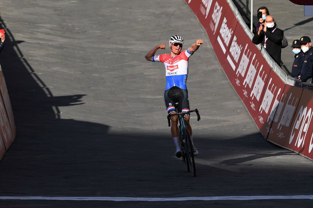 SIENA ITALY MARCH 06 Arrival Mathieu Van Der Poel of Netherlands and Team AlpecinFenix Celebration during the Eroica 15th Strade Bianche 2021 Mens Elite a 184km race from Siena to Siena Piazza del Campo StradeBianche on March 06 2021 in Siena Italy Photo by Tim de WaeleGetty Images