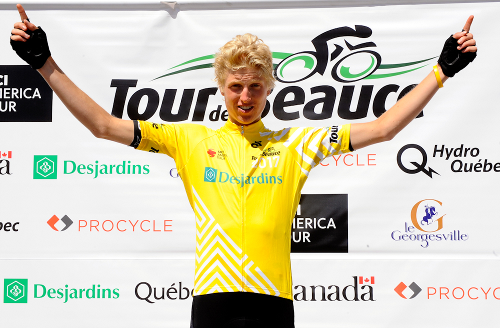 Keegan Swirbul (Jelly Belly-Maxxis) in yellow after the Queen stage at Tour de Beauce