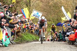 Dutch Mathieu van der Poel of Alpecin-Deceuninck pictured in action on the Koppenberg during the men's race of the 2024 Tour of Flanders