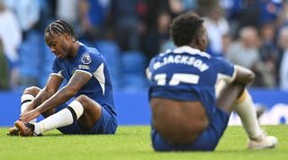 Raheem Sterling and Nicolas Jackson look dejected after Chelsea's 1-0 defeat at home to Nottingham Forest in September 2023.