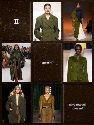 The olive-green color trend shown on the runways of Remain, Bottega Veneta, Gucci, Saint Laurent, Ferragamo, and Chloé.