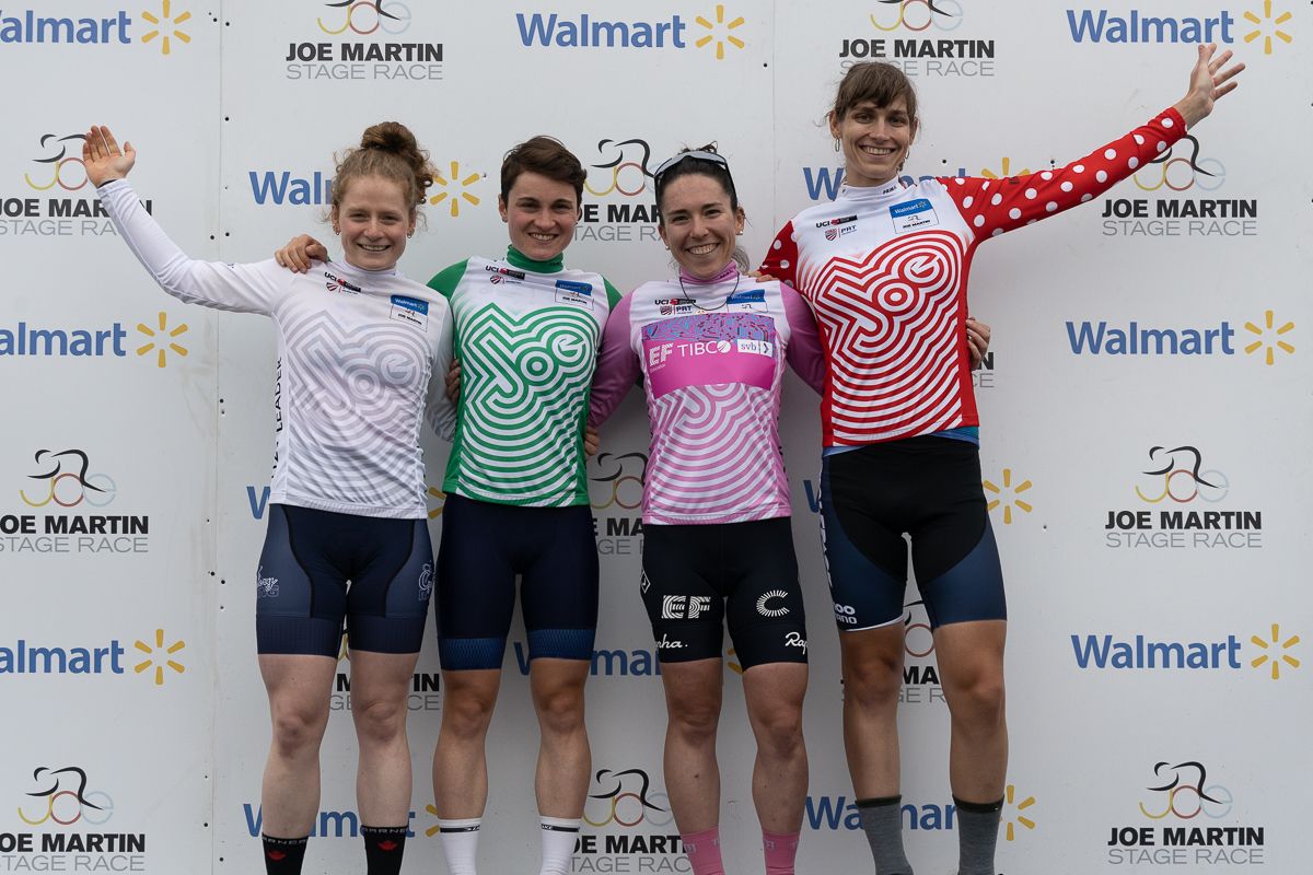Women's final classification jerseys: Ngaire Barraclough (The Cyclery Racing) in the White Best U23 rider, Heidi Franz (Instafund LaPrima) in the Green Sprint, Emma Langley (EF Education Tibco SVB) in the Pink Overall leaders jerseys, and Austin Killips (ATX Wolfpack p/b Probikekit) in the polka dots climber jersey,
