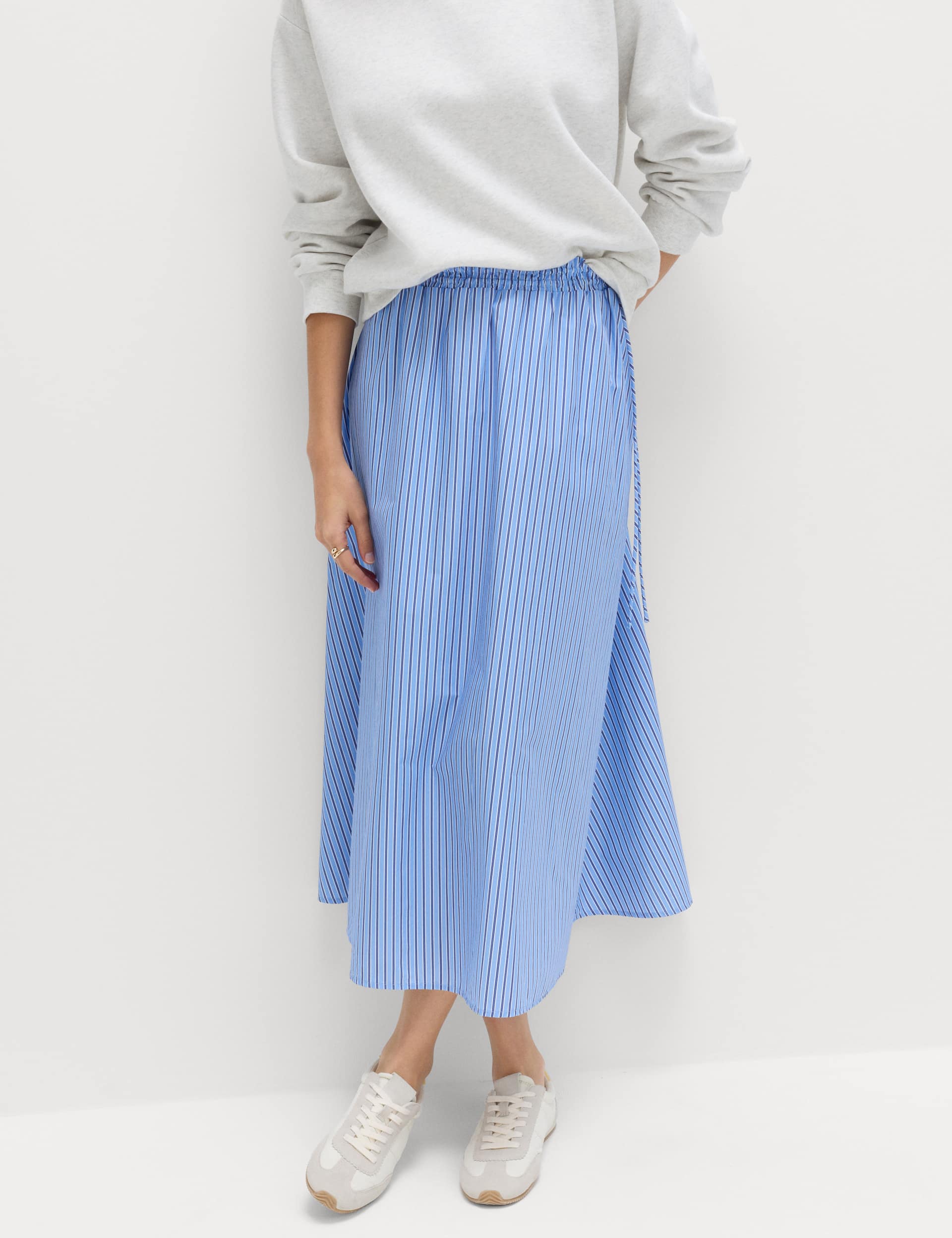 Pure Cotton Poplin Striped Pleated Midi Skirt