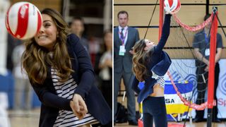 Two photographs of Kate Middleton playing volleyball in 2013