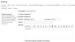 Gmail's options menu showing its out-of-office setting (vacation responder)