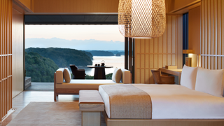 A bedroom at Amanemu, looking out onto Ago Bay