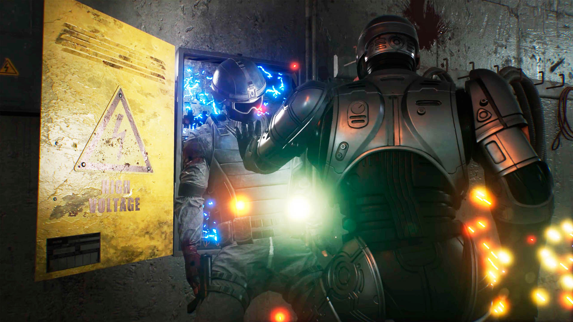 RoboCop smashes an enemy into a fuse box in RoboCop: Rogue City - Unfinished Business