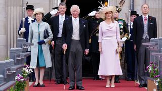 The Princess Royal, Vice Admiral Sir Timothy Laurence, Prince Charles, Prince of Wales, Sophie, Countess of Wessex and Prince Edward, Earl of Wessex during a garden party at the Palace of Holyroodhouse