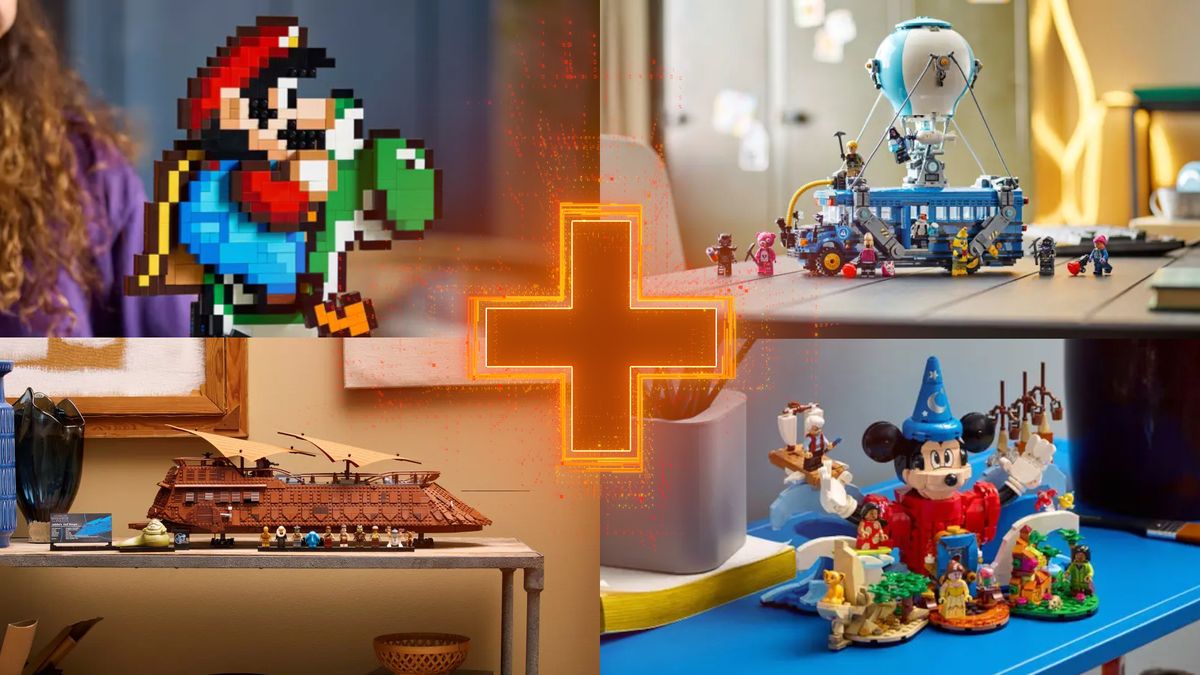 Lego Super Mario &amp; Yoshi, Battle Bus, Jabba&#039;s Sail Barge, and Magic of Disney sets with a GamesRadar+ in the middle