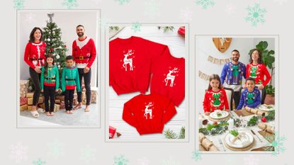 three images in frames on a cream background. First image on the left is of a family of four in matching christmas pyjamas, middle image is a product shot of three red matching Christmas pyjamas and image on the right is of the same family of four on the left but in different matching Christmas jumpers