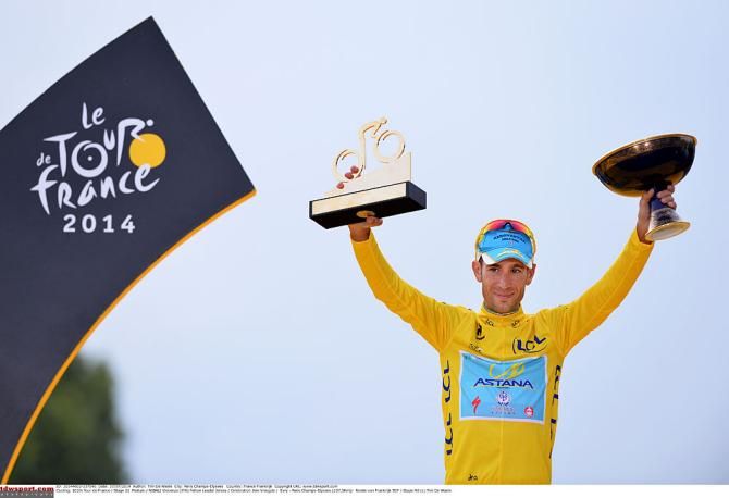 Vincenzo Nibali (Astana) in yellow as the 2014 Tour de France winner.