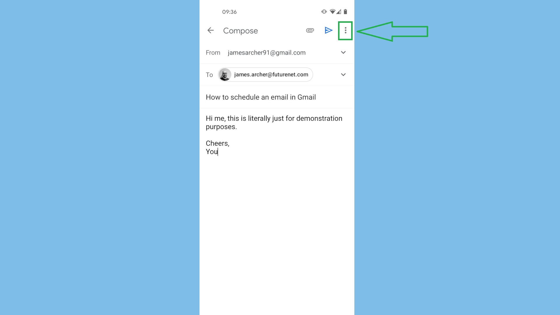 How to schedule an email in Gmail on mobile step 1: Tap three-dot symbol in corner