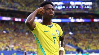 MIAMI GARDENS, FLORIDA - JUNE 24: Vinicius Junior #7 of Brazil celebrates scoring his team's second goal during the FIFA World Cup 2026 Group C match between Scotland and Brazil at Miami Stadium on June 24, 2026 in Miami Gardens, Florida. (Photo by Megan Briggs/Getty Images)