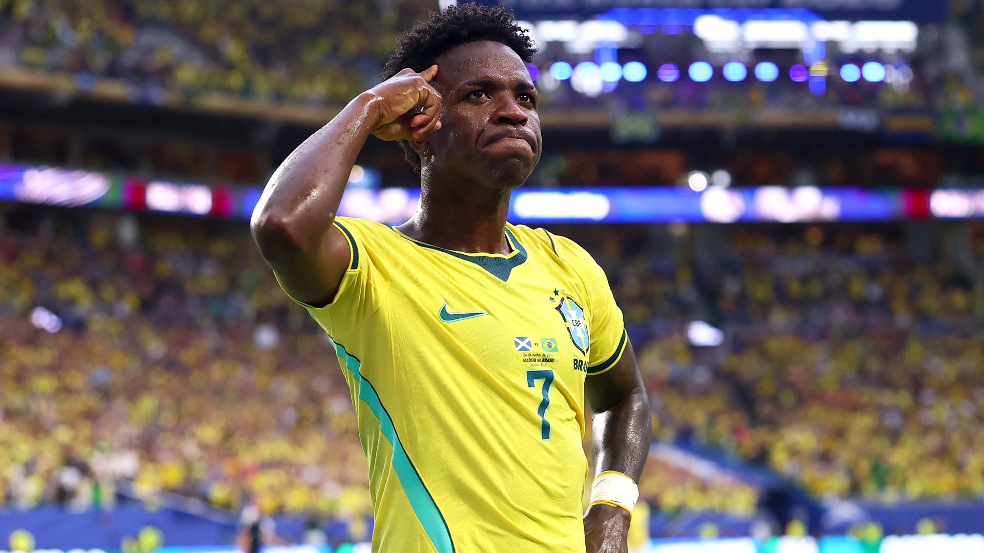 MIAMI GARDENS, FLORIDA - JUNE 24: Vinicius Junior #7 of Brazil celebrates scoring his team's second goal during the FIFA World Cup 2026 Group C match between Scotland and Brazil at Miami Stadium on June 24, 2026 in Miami Gardens, Florida. (Photo by Megan Briggs/Getty Images)