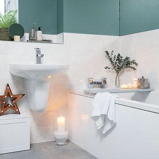 Christmas house makeover with green and white painted bathroom