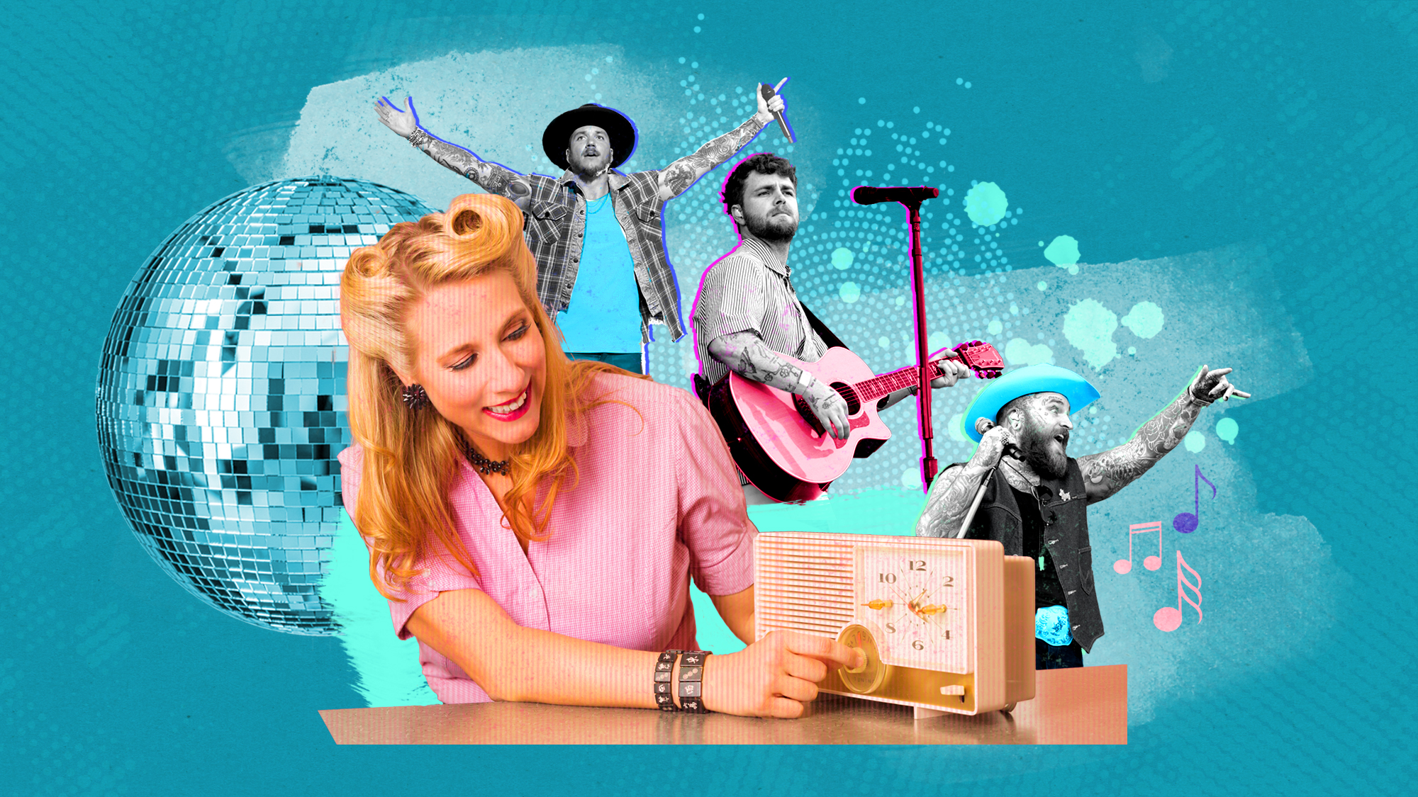 Illustration depicting rising conservatism in music. Blonde trad wife wearing pink turning dial on radio in the foreground with Christian/country singers and a disco ball in the background.