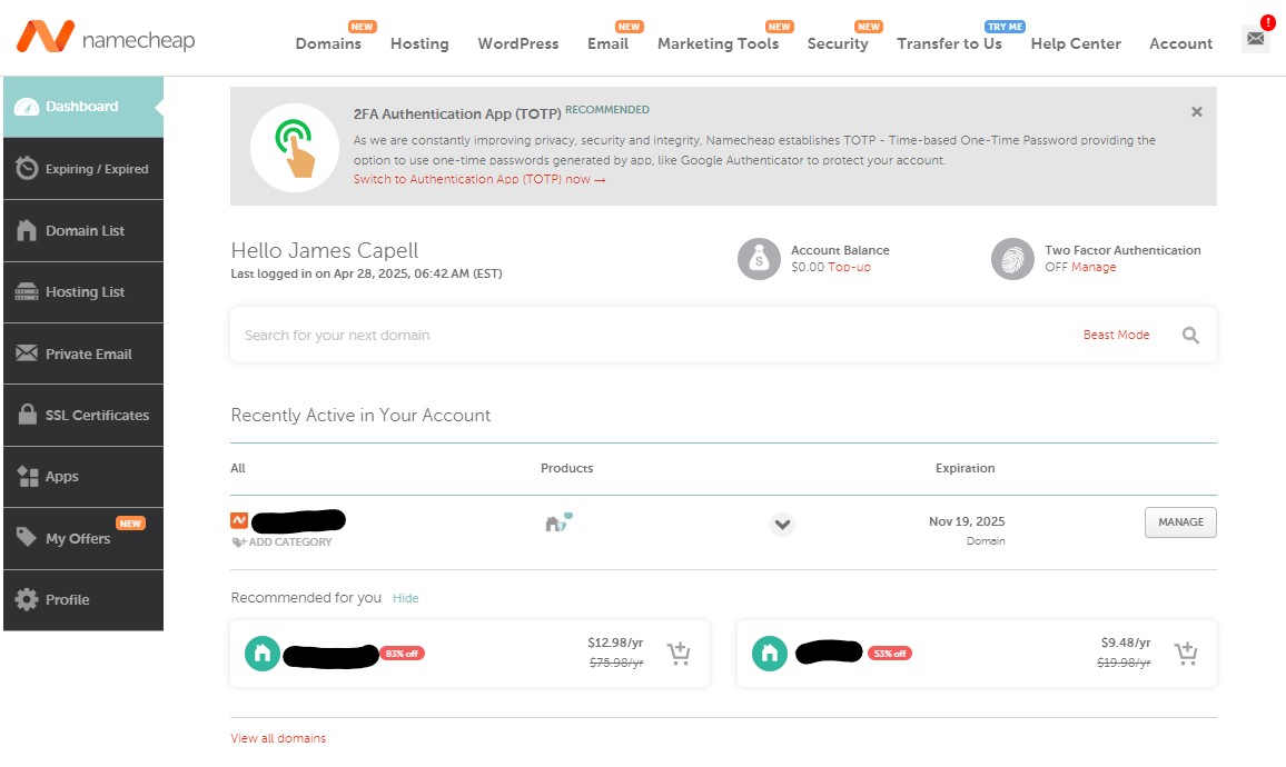 An image of Namecheap's dashboard