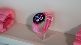 Google Pixel Watch 3 with pink workout band