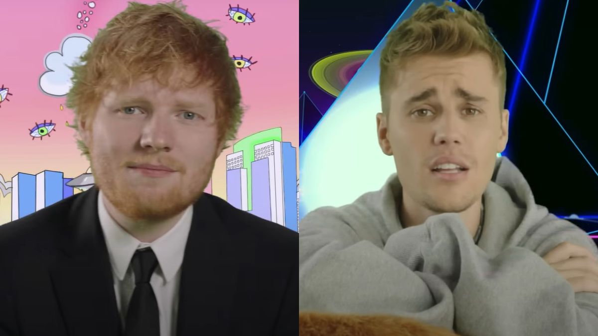 In side-by-side images from the &quot;I Don&#039;t Care&quot; music video, Ed Sheeran has a blank expression while wearing a suit in front of an animated background, while Justin Bieber sings while wearing a gray hoodie in front of a dark blue background with geometric shapes.