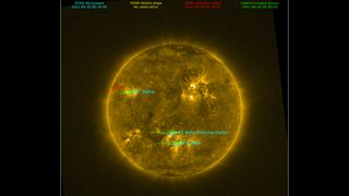 Three active region on the face of the sun photographed by the European Space Agency's Proba 2 spacecraft.