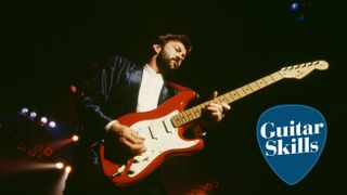 Guitarist, songwriter and vocalist Eric Clapton performing in Rome, Italy, 1986. He is playing a Fender Stratocaster guitar