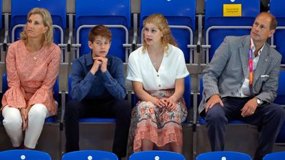 Duchess Sophie, James, Earl of Wessex, Lady Louise Windsor and Prince Edward watch the swimming during the 2022 Commonwealth Games