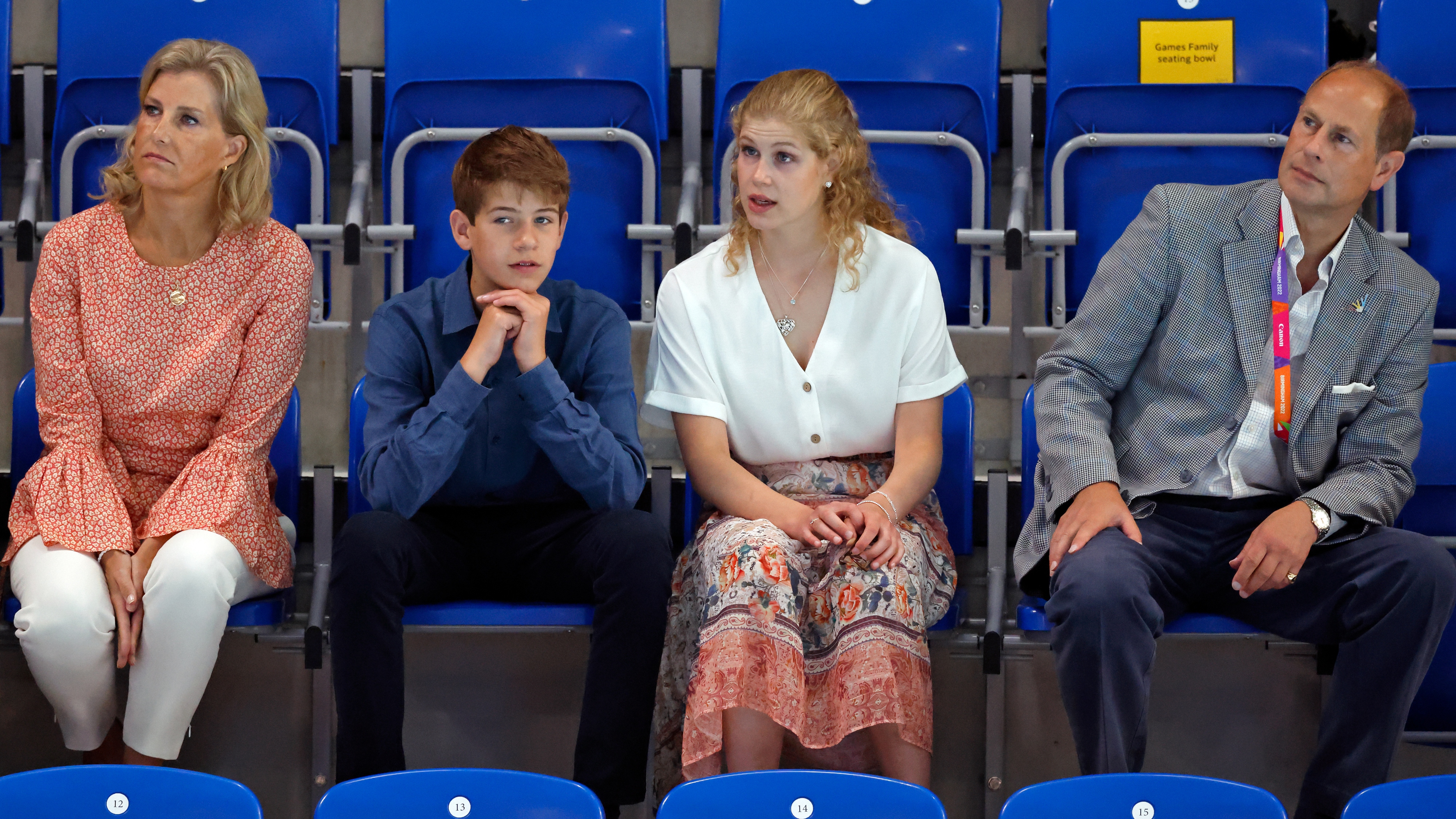 Duchess Sophie, James, Earl of Wessex, Lady Louise Windsor and Prince Edward watch the swimming during the 2022 Commonwealth Games