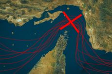 Conceptual image illustrating the closure of major shipping routes through the Strait of Hormuz due to geopolitical conflict. 