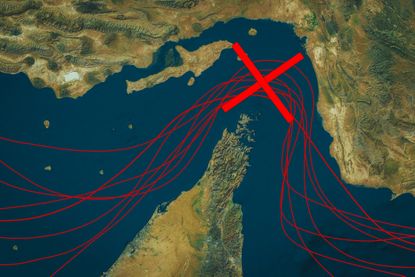 Conceptual image illustrating the closure of major shipping routes through the Strait of Hormuz due to geopolitical conflict. 
