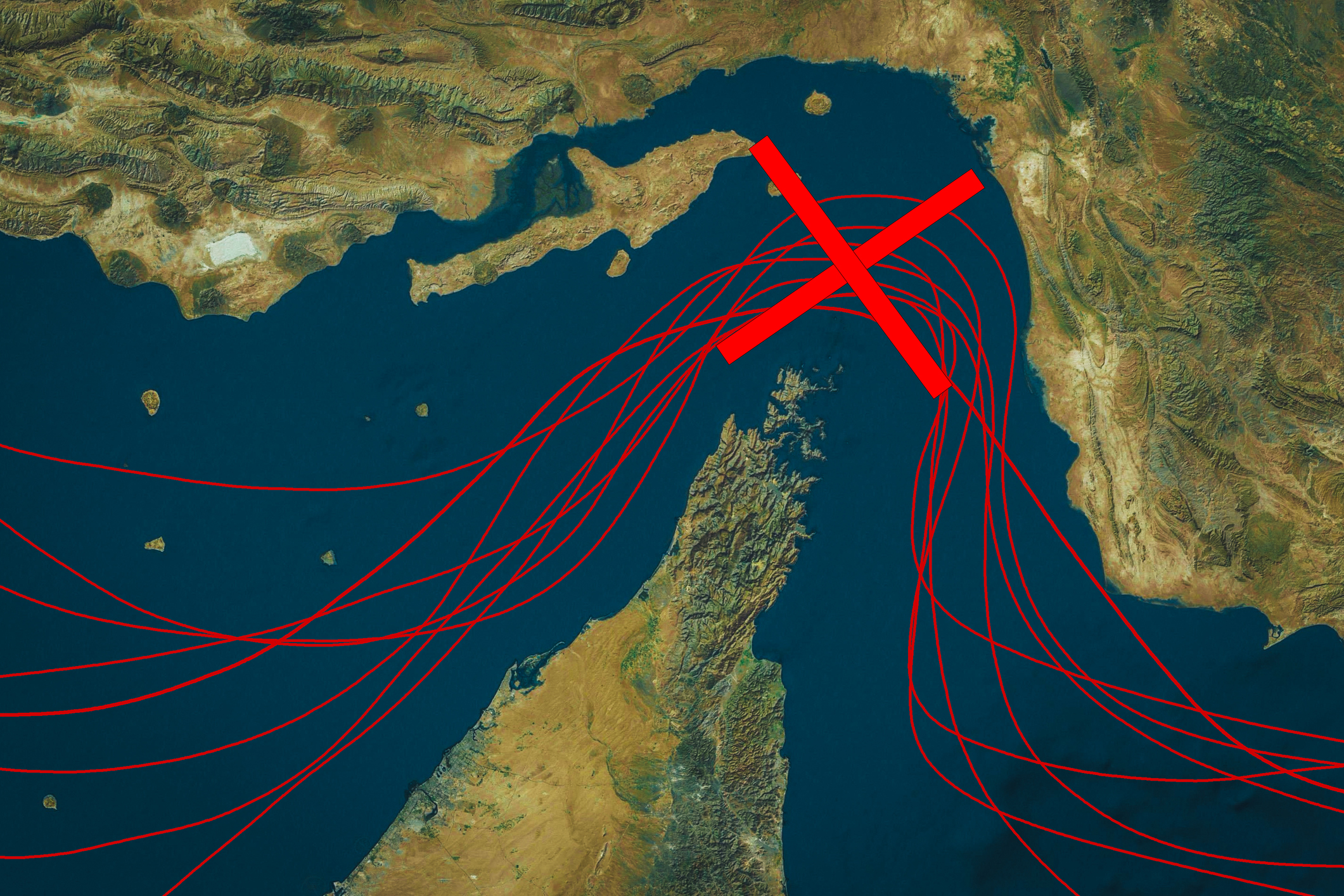 Conceptual image illustrating the closure of major shipping routes through the Strait of Hormuz due to geopolitical conflict. 