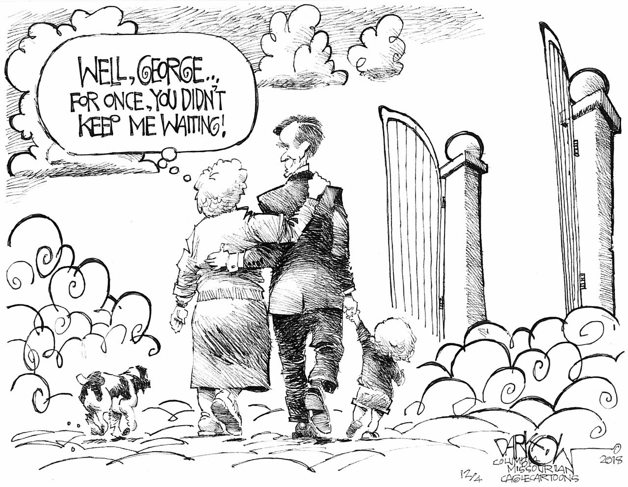 Editorial cartoon U.S. George H.W. Bush Barbara Robin Millie heaven