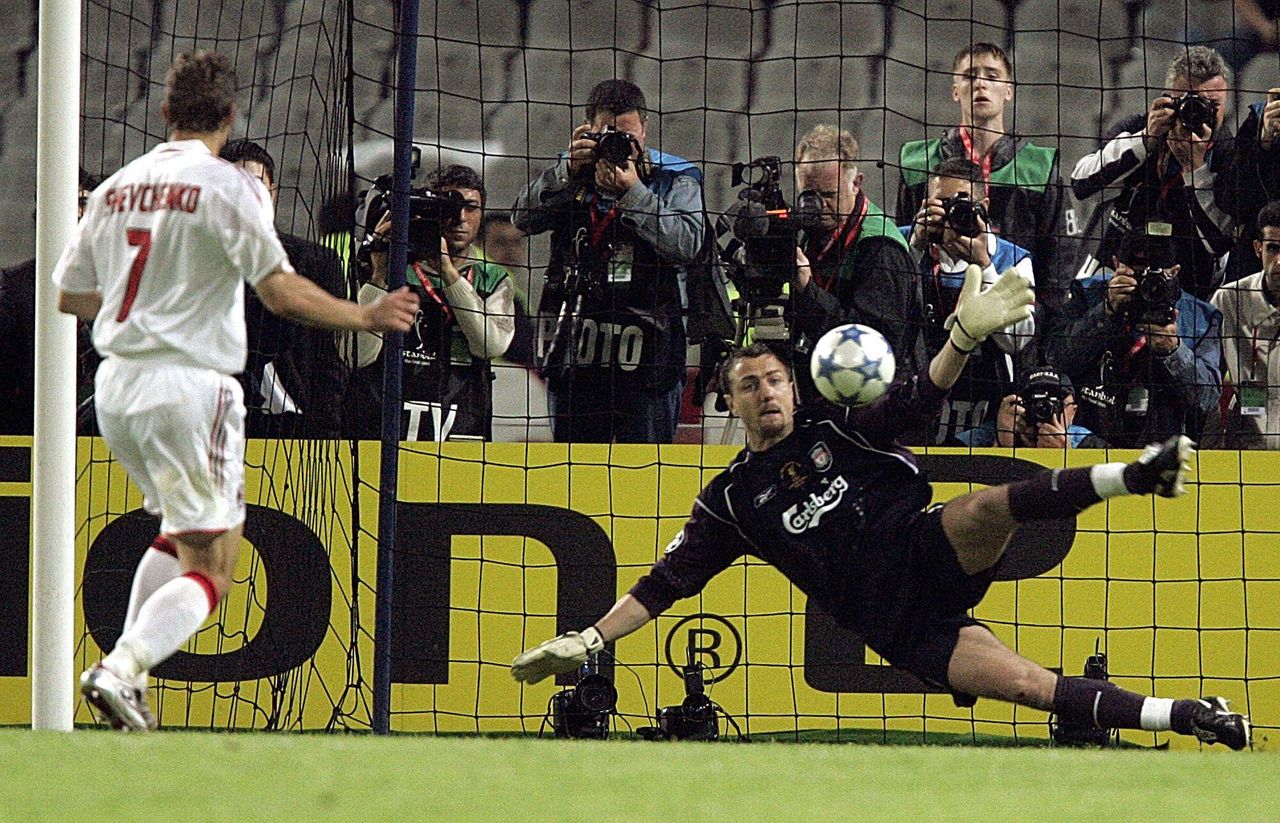 Liverpool goalkeeper Jerzy Dudek saves from Milan's Andriy Shevchenko to secure victory on penalties in the 2005 Champions League final